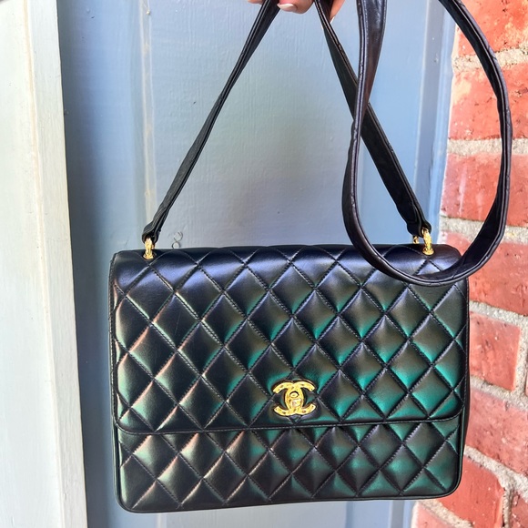 Authentic Chanel black quilted lambskin flap messenger bijou 24k gold hardware - Picture 2 of 16